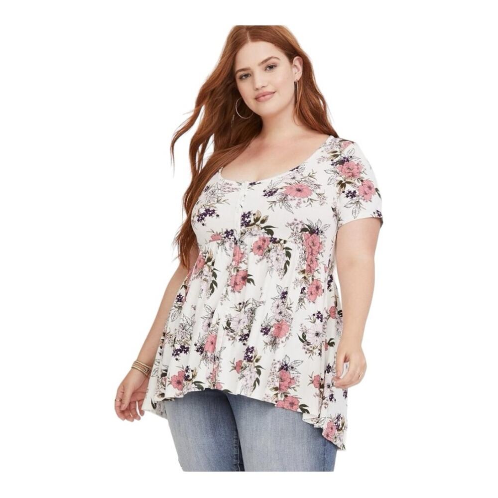 Torrid size 1 1X short sleeve babydoll shirt new button floral white red flowy
